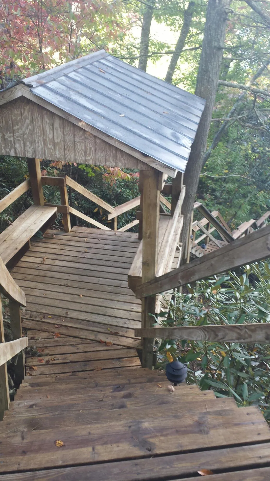 Metal roofed shelter over wooden steps on a wooded walkway — Skylight Repair & Installation work by our crew in Pineview